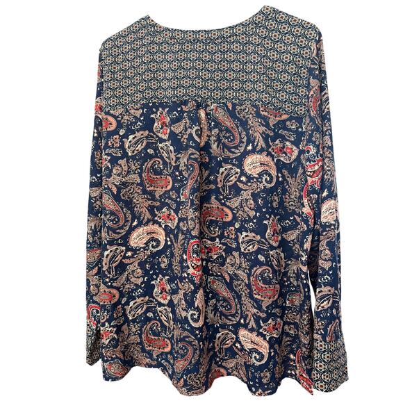 DR2 Navy Paisley V Neck Top Contrast Trim Cotton Relaxed Fit Women’s Size XL EUC - Picture 5 of 7